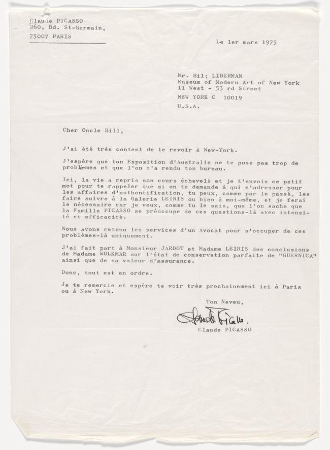 Claude Picasso's letter to William S. Lieberman, dated 1 March 1975