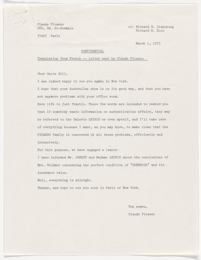 Carta de Claude Picasso a William S. Lieberman del 1 de marzo de 1975