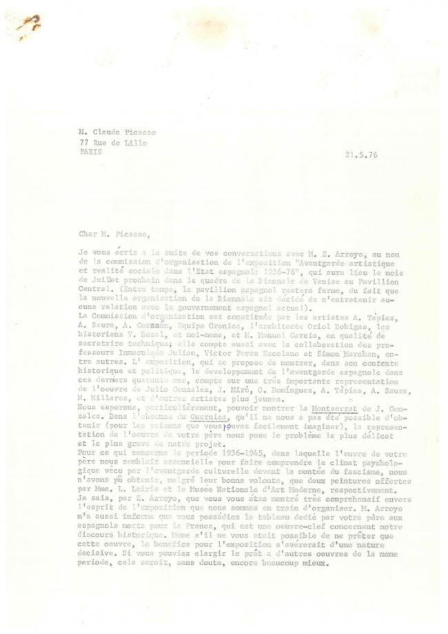 Carta de Tomás Llorens a Claude Picasso