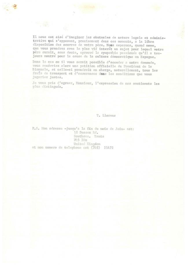 Carta de Tomás Llorens a Claude Picasso