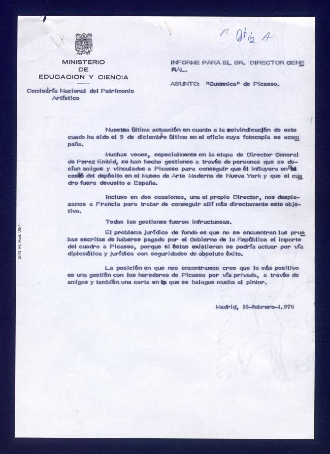 Informe de la Comisaria Nacional del Patrimonio Artístico sobre la documentación necesaria para recuperar Guernica