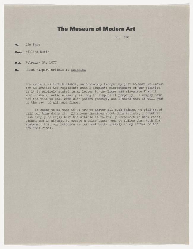 Carta de William Rubin a Elizabeth Shaw