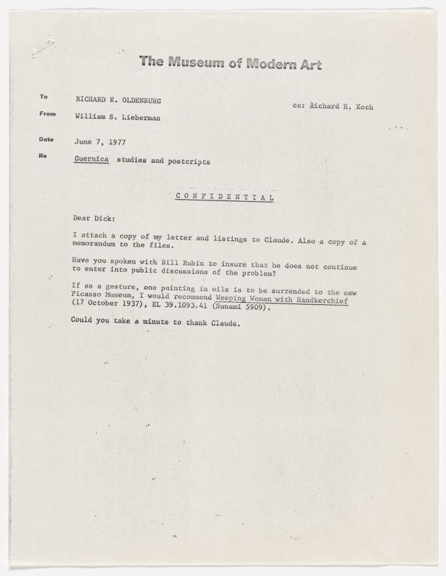 Carta de William S. Lieberman a Richard Oldenburg del 7 de junio de 1977