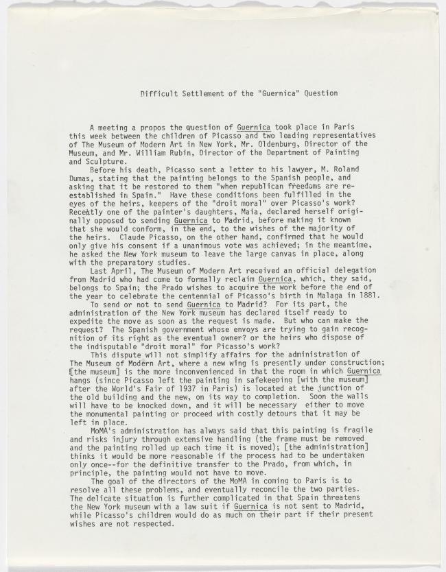 An internal letter on the departure of Guernica  from the Museum of Modern Art, New York