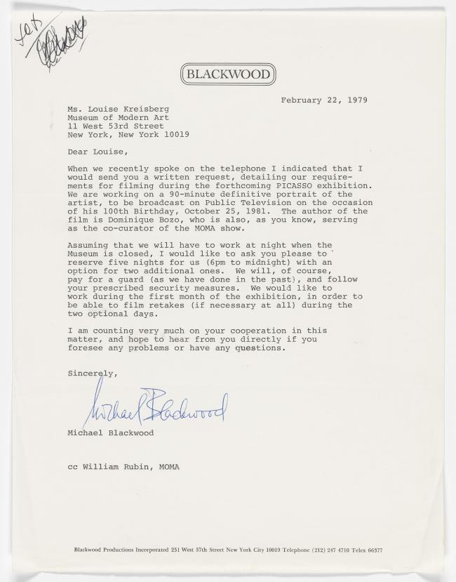 Michael Blackwood's letter to Louise Kreisberg