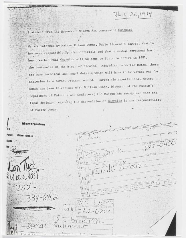 Comunicado del Museum of Modern Art de Nueva York sobre el traslado de Guernica