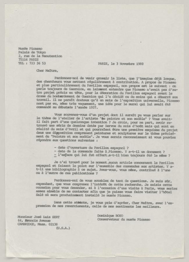 Carta de Dominique Bozo a Josep Lluís Sert del 3 de noviembre de 1980