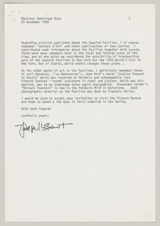 Carta de Josep Lluís Sert a Dominique Bozo