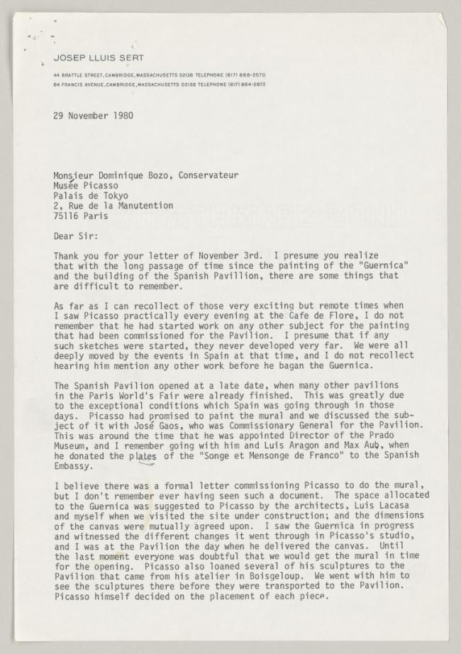 Carta de Josep Lluís Sert a Dominique Bozo