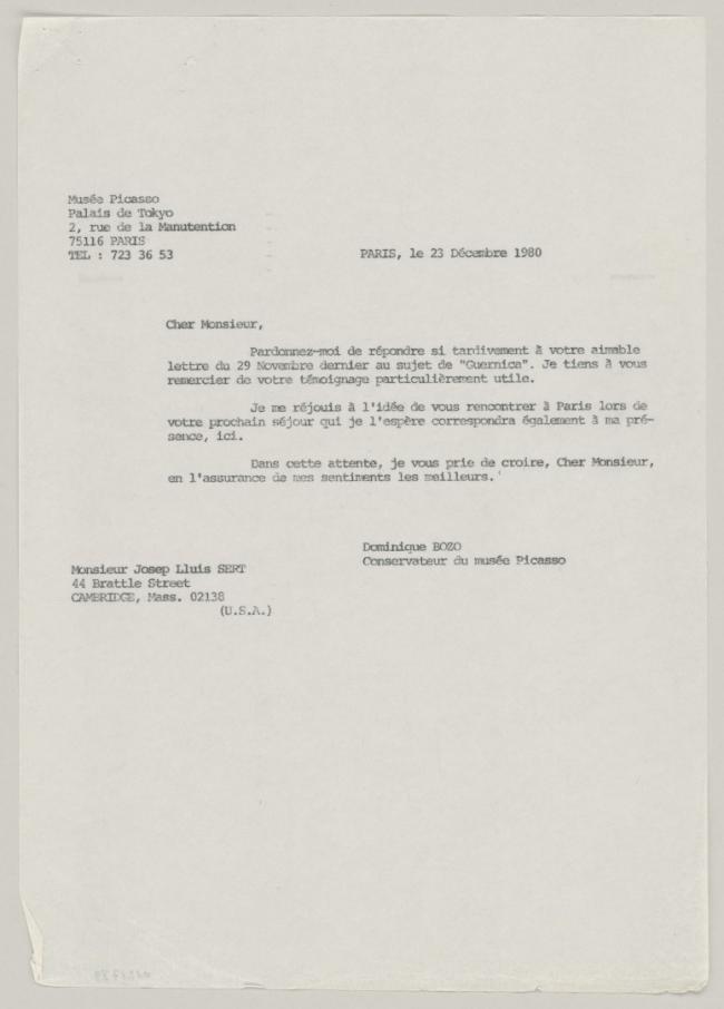 Carta de Dominique Bozo a Josep Lluís Sert del 23 de diciembre de 1980