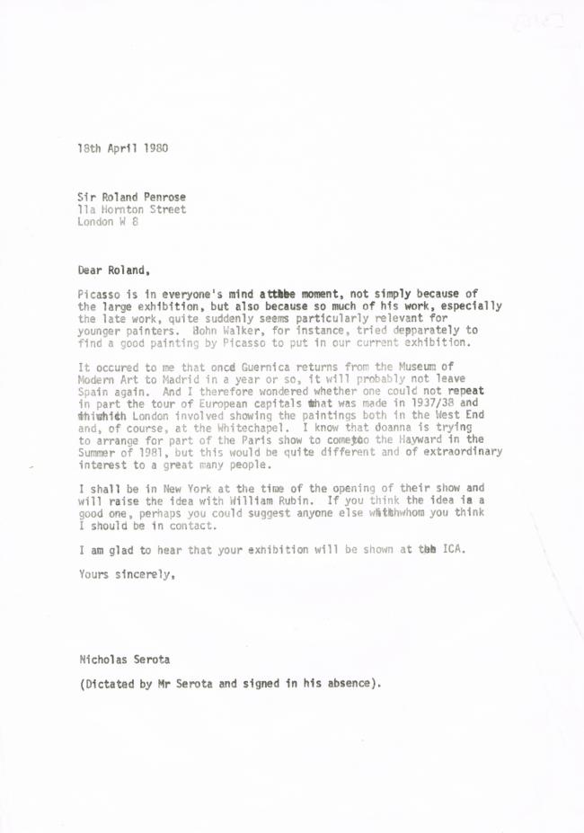 Carta de Nicholas Serota a Roland Penrose del 18 de abril de 1980