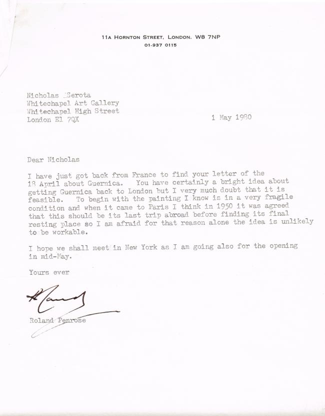 EN Carta de Roland Penrose a Nicholas Serota