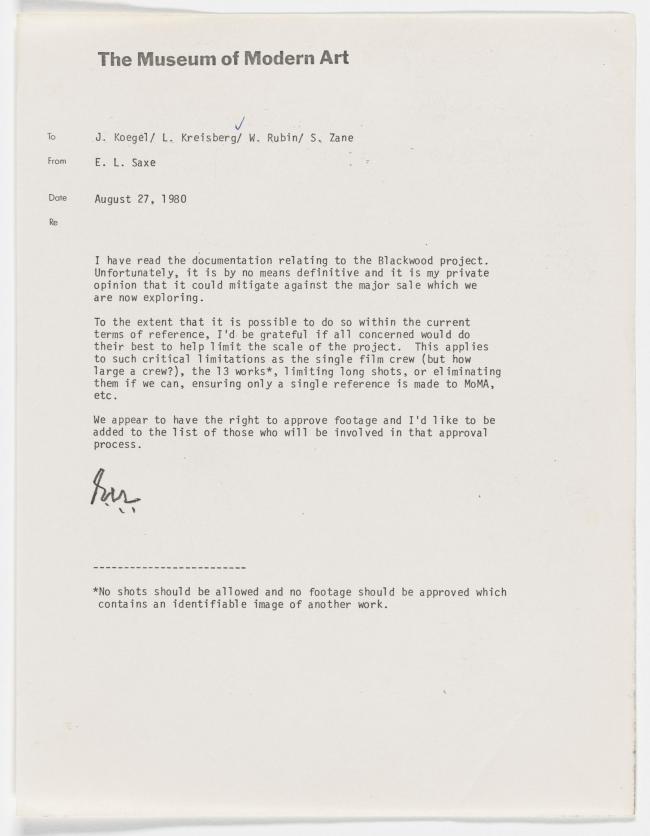 Carta de Eleanor L. Saxe, a William Rubin, Sharon Zane y otros 