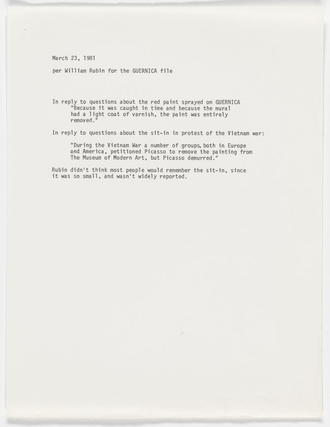 Nota interna del Museum of Modern Art de Nueva York sobre el ataque a Guernica de 1974