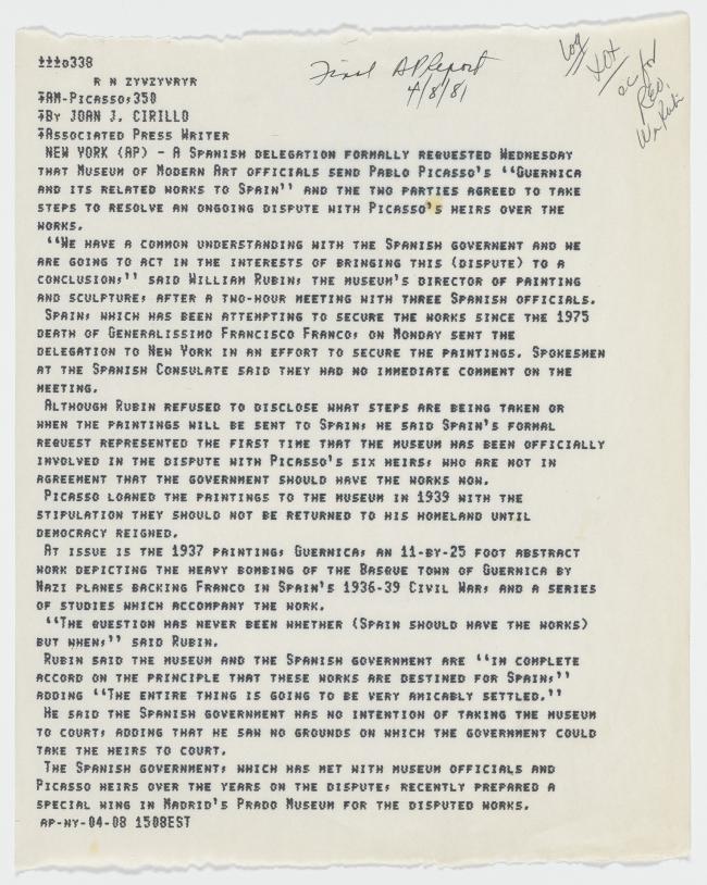 Comunicado de prensa del Museum of Modern Art de Nueva York sobre la petición del envío de Guernica a España de una delegación española