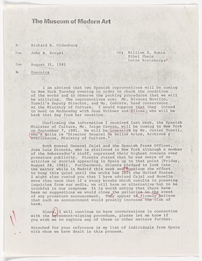 Carta de John Koegel a Richard E. Oldenburg del 31 de agosto de 1981