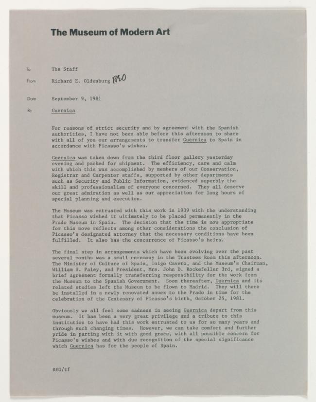 Carta interna de Richard E. Oldenburg al personal del Museum of Modern Art de Nueva York 