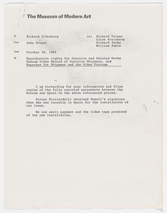 Carta de John Koegel a Richard E. Oldenburg del 30 de octubre de 1981