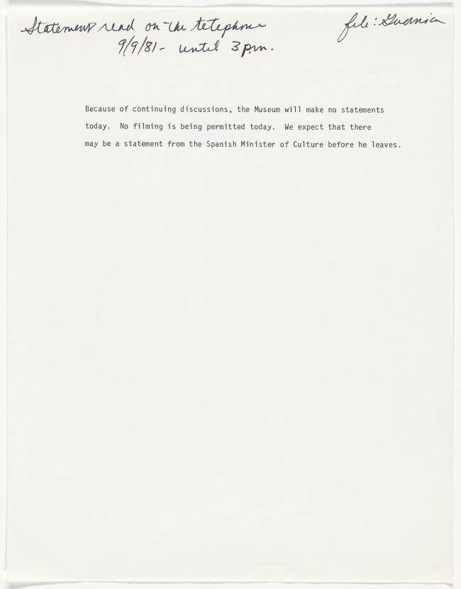 Nota de prensa del Museum of Modern Art de Nueva York acerca del día del traslado de Guernica