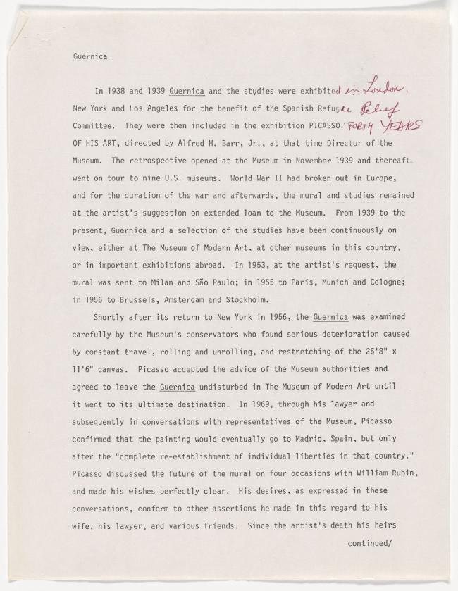 Borrador de comunicado de prensa explicando la partida e historia de Guernica