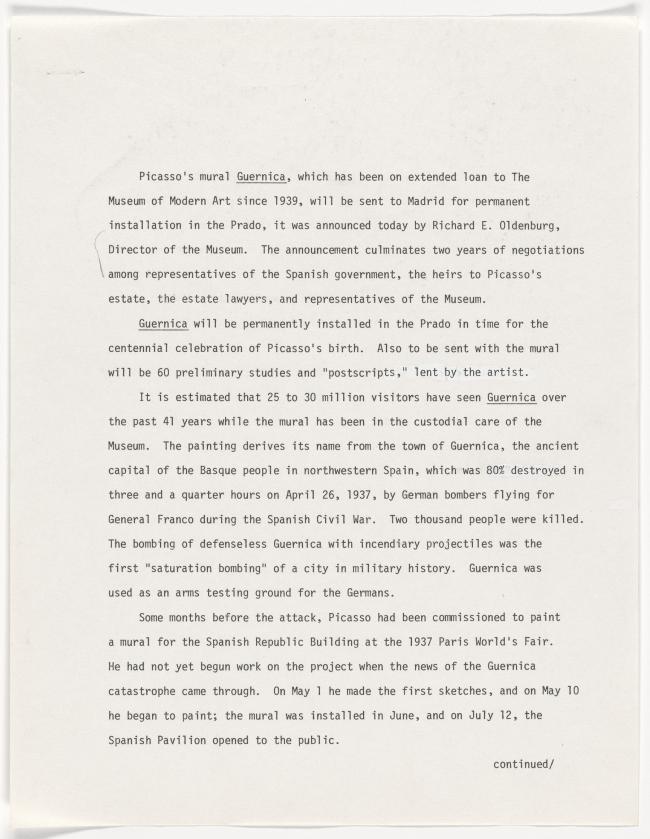 Borrador de comunicado de prensa explicando la partida e historia de Guernica