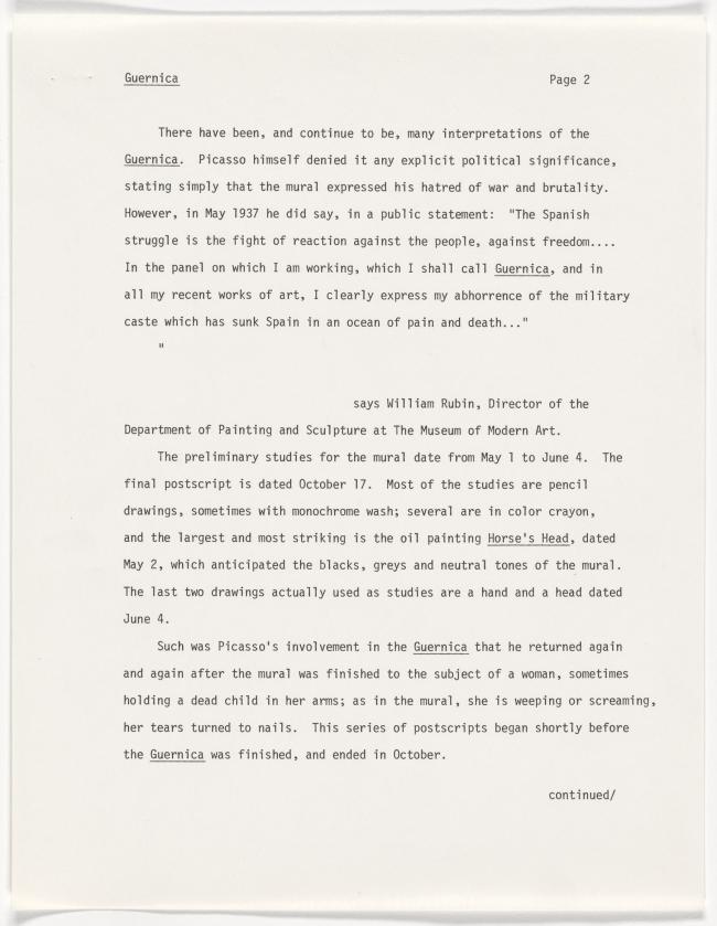 Borrador de comunicado de prensa explicando la partida e historia de Guernica