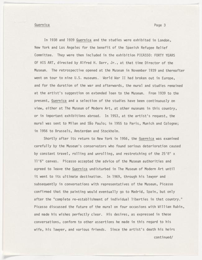 Borrador de comunicado de prensa explicando la partida e historia de Guernica