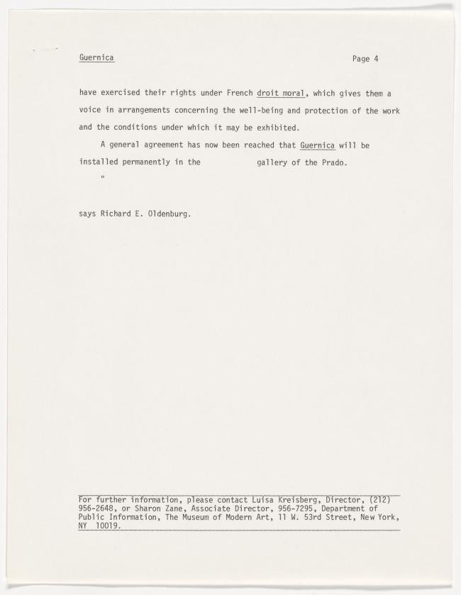 Borrador de comunicado de prensa explicando la partida e historia de Guernica