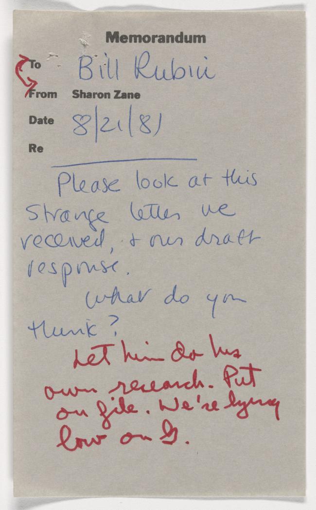 Carta de Sharon Zane a William Rubin