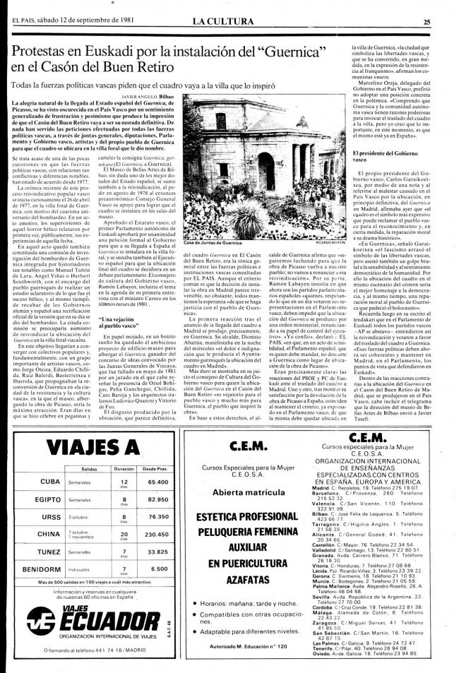 Protestas en Euskadi por la instalación del 'Guernica' en el Casón del Buen Retiro