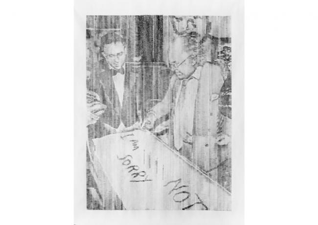 Tony Shafrazi, tarta con Guernica (Versión positiva), 2012. Dibujo lápiz sobre papel de periódico, 60 x 80 cm.