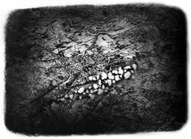 Por primera vez se arrojan bombas incendiarias contra una población civil, Gernika 26 de Abril de 1937, 2012. Punta seca, 1/9, 39 x 46,5 cm. 