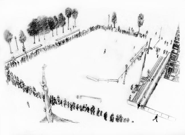 Cola en el Museo Reina Sofia de Madrid, 2012. Punta seca, 1/9, 39x46,5 cm.