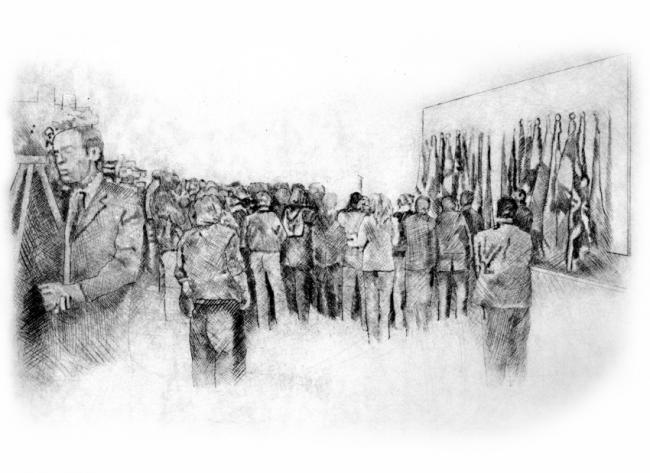 La versión tapiz del Guernica en las Naciones Unidas se ha tapado porque Colin Powell da una rueda de prensa sobre el inmienete ataque a Irak, 2012. Punta seca, 1/9, 39 x 46,5 cm. 