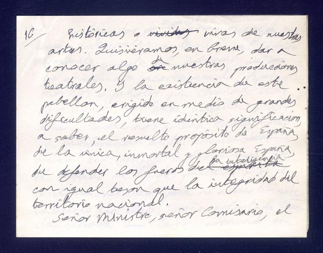 Notas del discurso de la recepción en la embajada con motivo de la inauguración del Pabellón de España