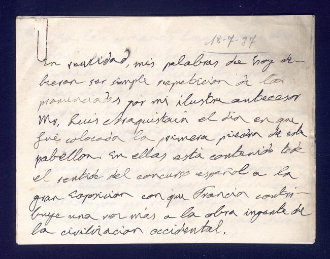 Notas del discurso de la recepción en la embajada con motivo de la inauguración del Pabellón de España