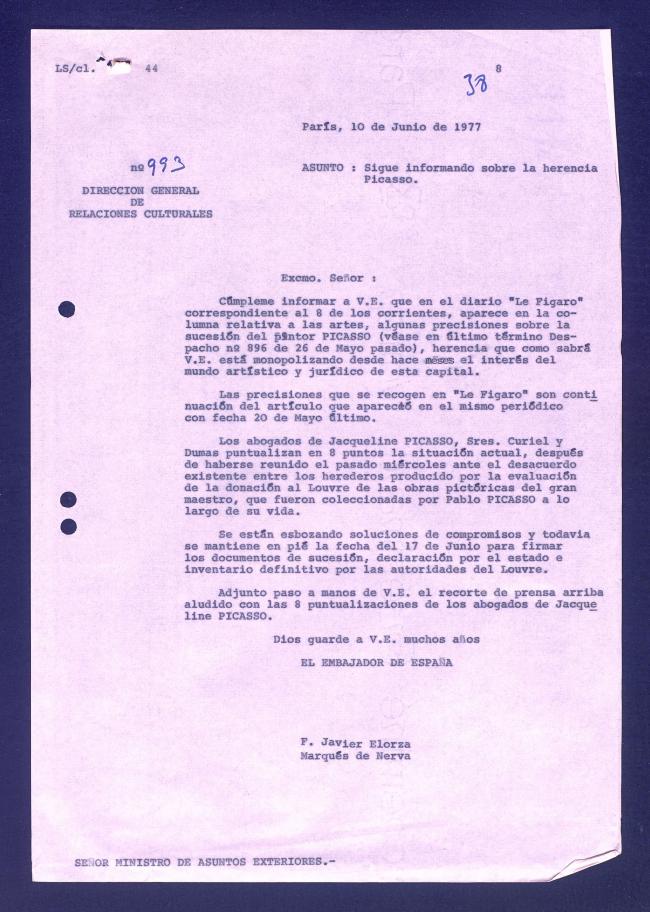 Carta de Javier Elorza a Marcelino Oreja