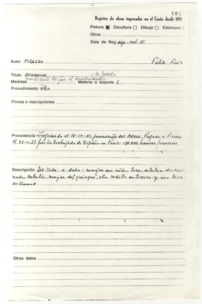 Hoja de registro de entrada de Guernica en el Casón del Buen Retiro de Madrid