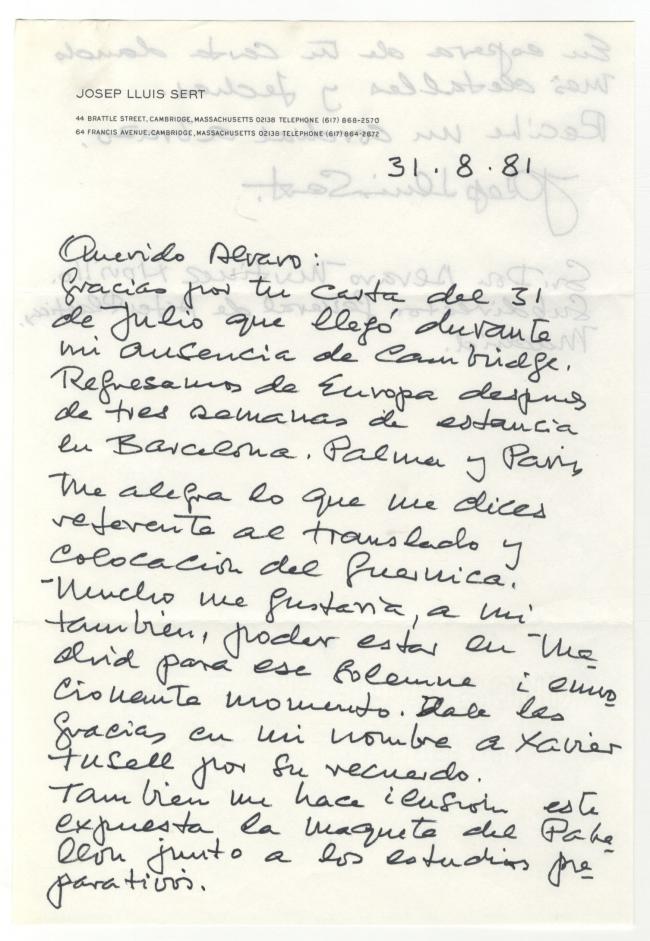Carta de Álvaro Martínez Novillo a Josep Lluís Sert y respuesta