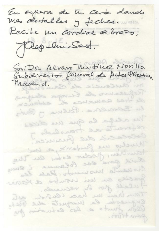 Carta de Álvaro Martínez Novillo a Josep Lluís Sert y respuesta