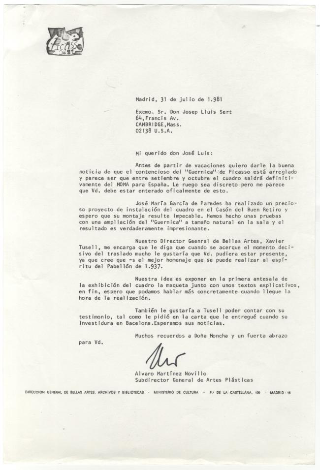 Carta de Álvaro Martínez Novillo a Josep Lluís Sert y respuesta