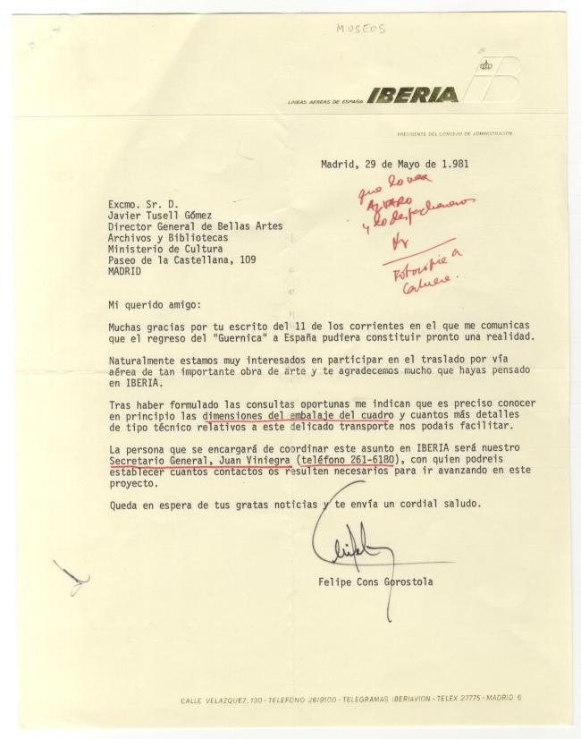 Carta de Felipe Cons Gorostola a Álvaro Martínez Novillo y respuesta