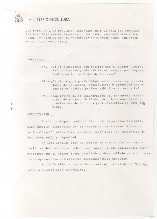 Respuesta del Ministerio de Cultura a las preguntas realizadas por Iñaki Anasagasti en el Congreso de los Diputados