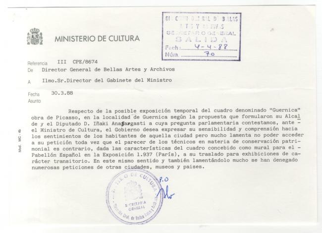 Carta del director general de Bellas Artes al Gabinete del ministro de Cultura
