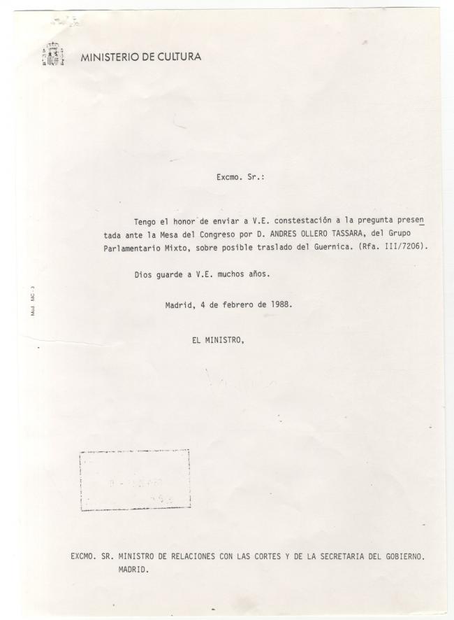 Respuesta del Ministerio de Cultura a las preguntas de Andrés Ollero en el Congreso de los Diputados