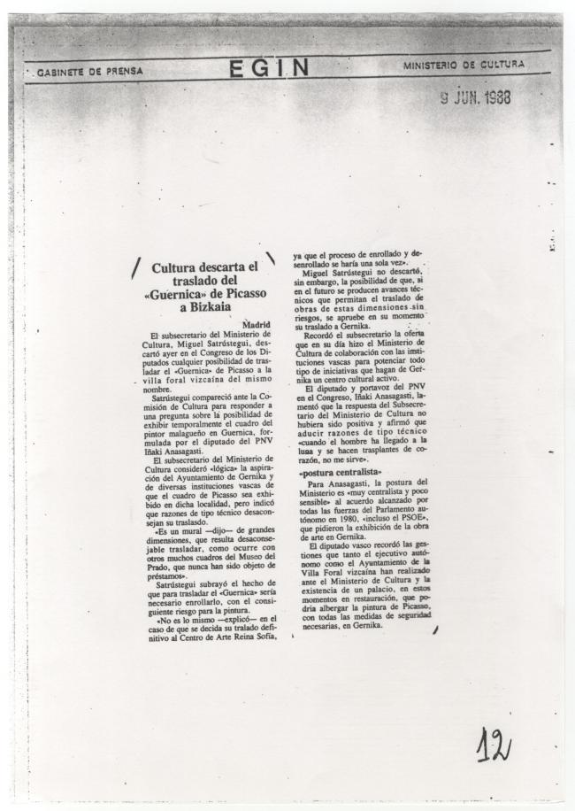 Cultura descarta el traslado del «Guernica» de Picasso a Bizkaia