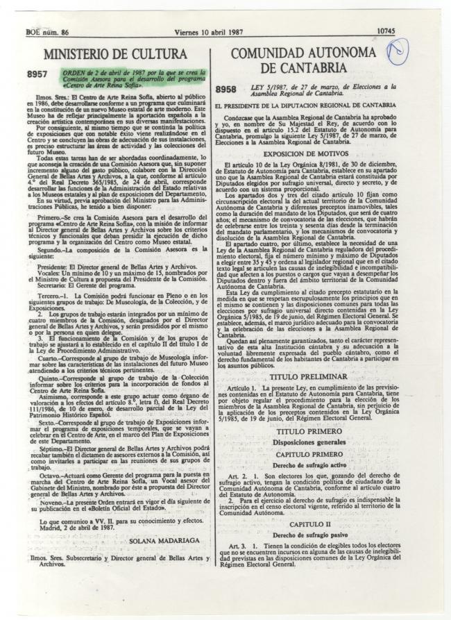 Orden del Boletín Oficianl del Estado para la creación de la comisión asesora para el desarrollo del programa Centro de Arte Reina Sofía