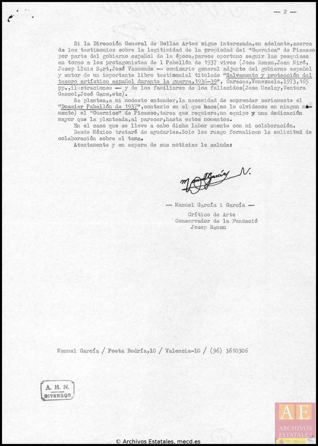 Carta de Manuel García y García a Javier Tusell del 27 de febrero de 1981