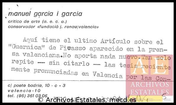 Carta de Manuel García y García a Javier Tusell del 27 de febrero de 1981