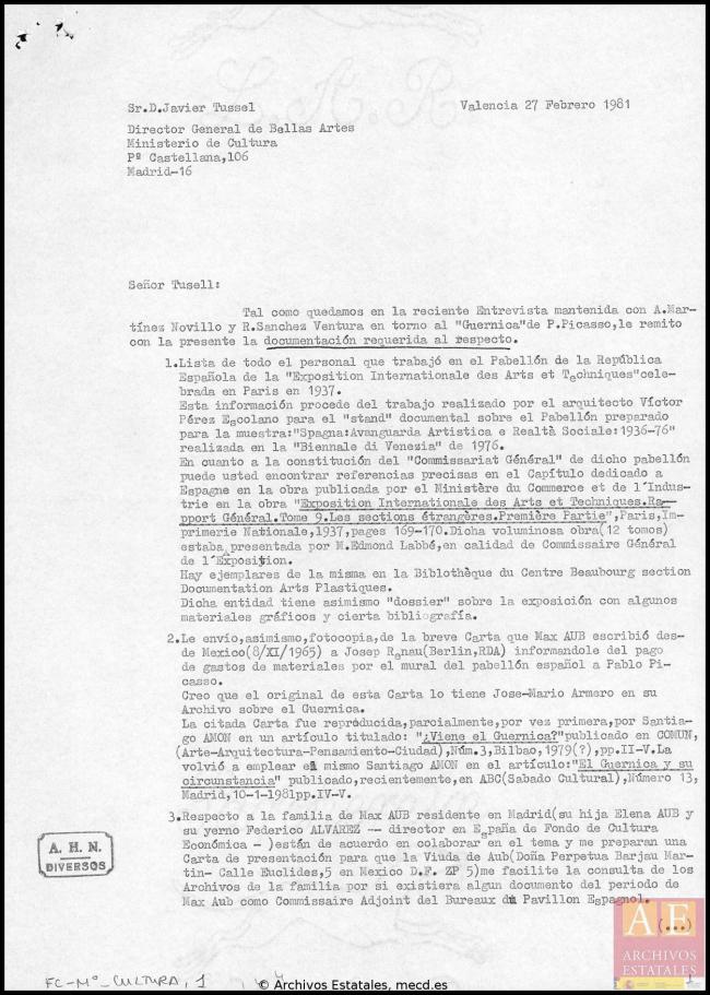 Carta de Manuel García y García a Javier Tusell del 27 de febrero de 1981